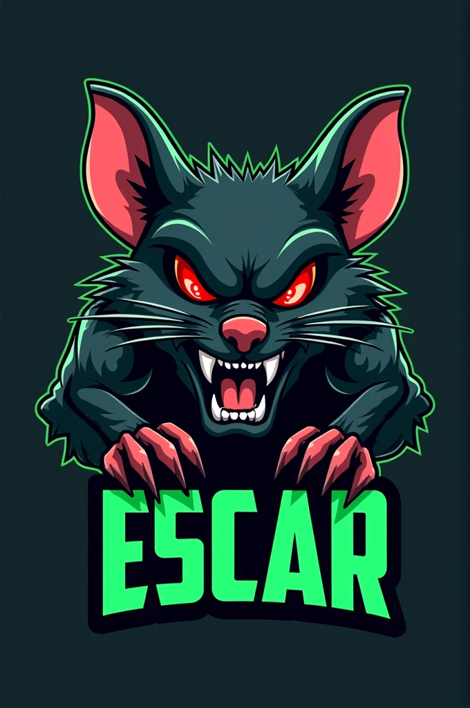 Create me a logo of an angry animated mouse with red eyes and dark skin and that is for a sports team and that says escar in green