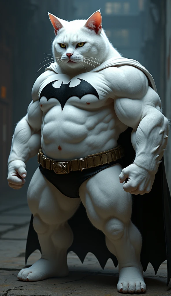 A burly white cat shaped like Batman