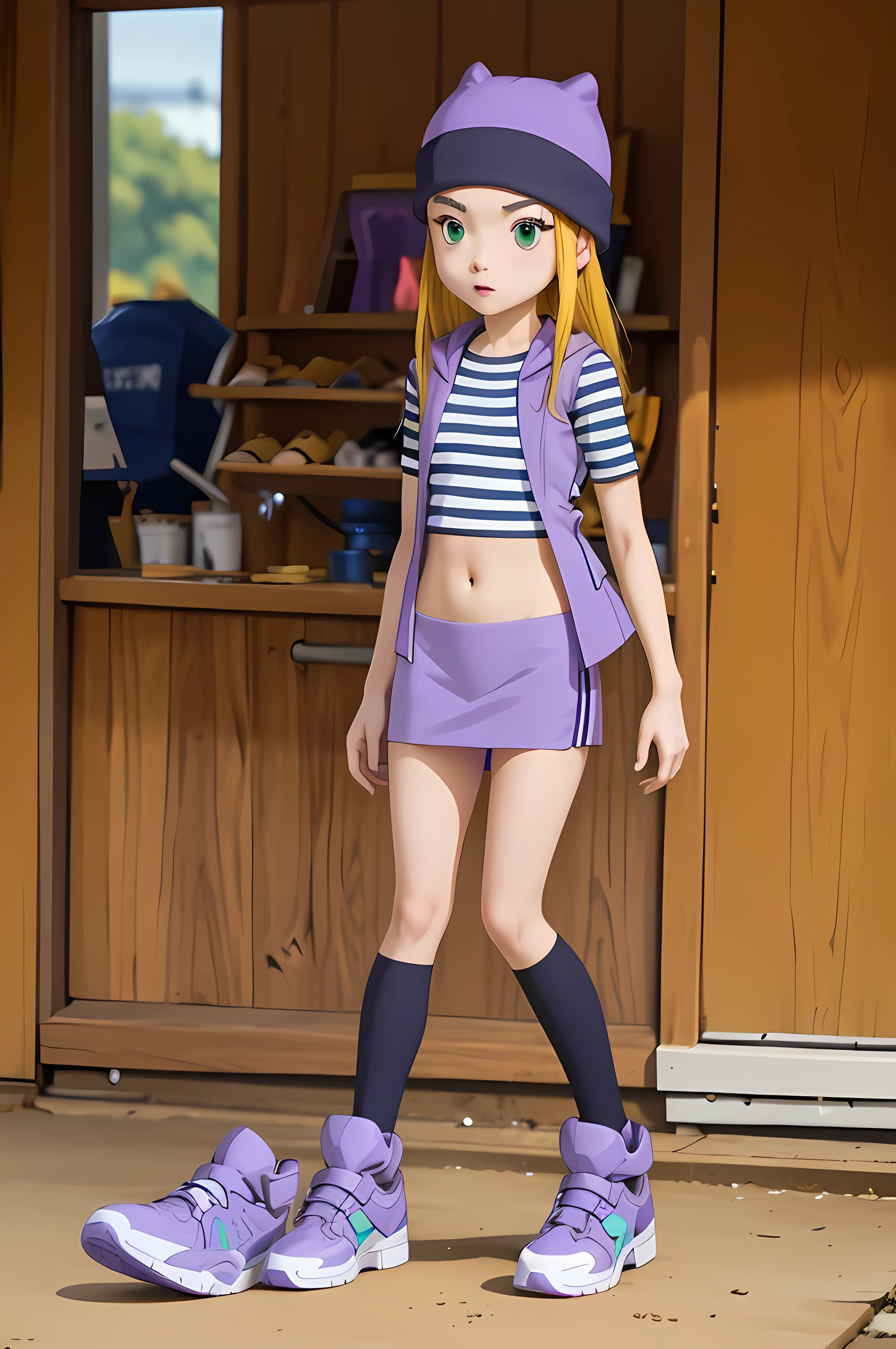 (masterpiece, best quality), 1girl, izumi Orimoto, full body view, perfect pretty face, green eyes, blonde hair, long hair, purple beanie, purple vest, purple miniskirt, blue white striped shirt, long purple socks, sneakers, purple vest, striped shirt, navel shirt