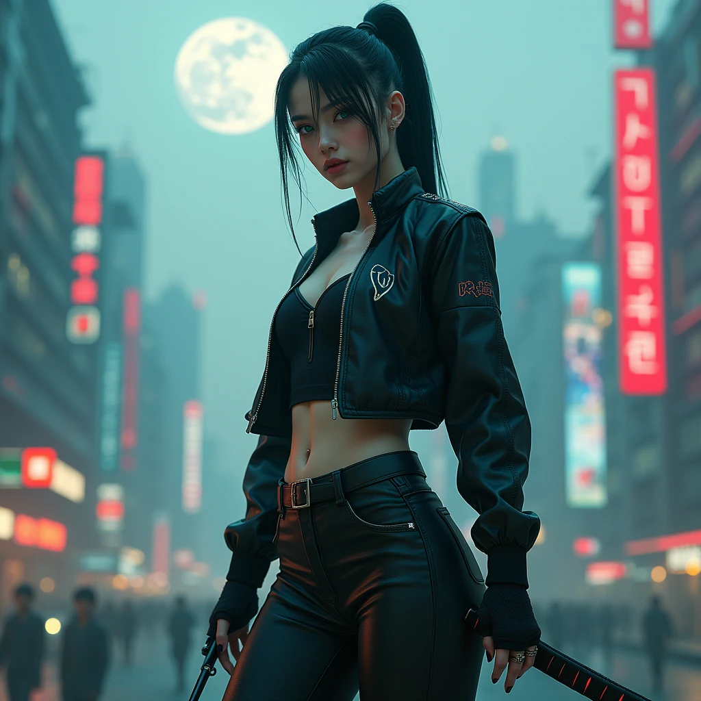(masterpiece, Best Quality, 8k, sharp focus, depth of field, best shadows, perfect lights, HdR, realistic skin texture, hyper detailed background), animated style, long angle shot, ((Cyberpunk theme)), Alone, 1 woman, She is a mercenary, (green eyes, White skin, Black hair with ponytail, choker, small breasts, delgado, make up, eyeliner, glow), she is doing a job in a futuristic korean city, holding a Tech-katana with a strong grip, evening, sky, waning moon, wearing a nice technical jacket and leather pants..