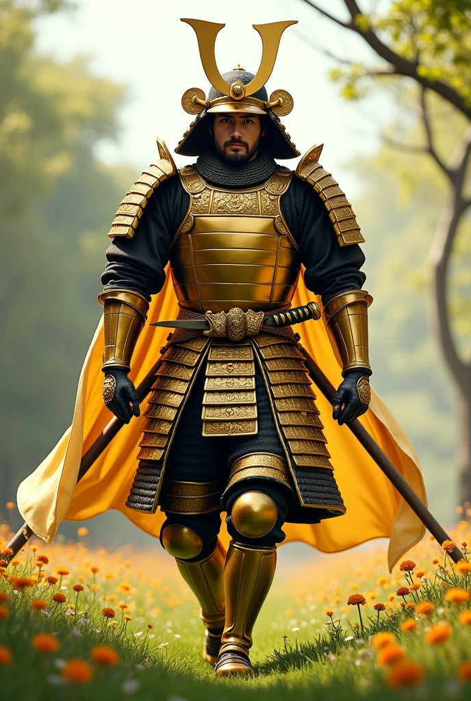 Generate me the image of a samurai, with armor made of gold, His sword is made of gold, He is walking through a meadow, high level details