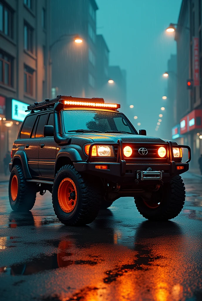 A Toyota landcruesa with godzilla paint and tint orange tyres high modified lights with tyres on a wet city with cold street lights popped smoke at sides including monster tyres with big head lights