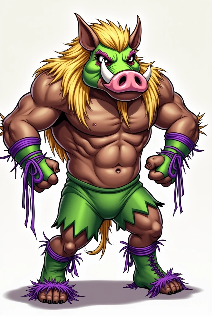 cartoon warthog dressed like WWE wrestler the ultimate warrior
cartoon warthog head. cartoon warthog face. cartoon warthog body. cartoon warthog arms. cartoon warthog hands. cartoon warthog legs. Green and purple War face paint.
Muscular. Long finally blond hair. Neon purple stings tied around biceps. Green underwear. Green wrestling boots. Purple fring in boots.