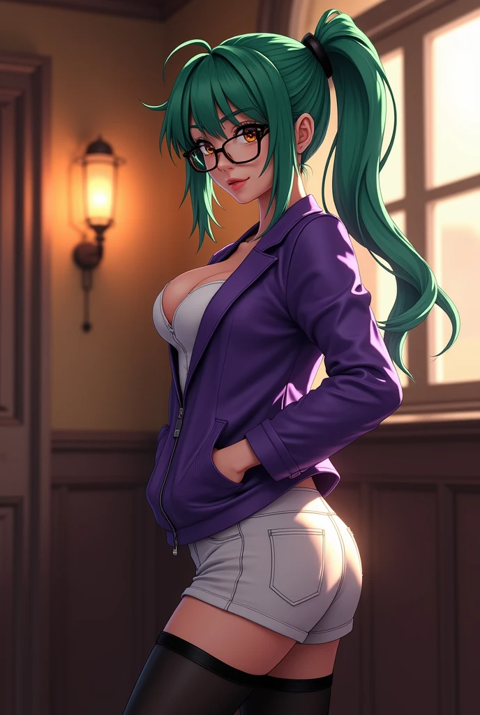 1girl, cowboy shot, beautiful zenin_maki,ponytail,glasses,bangs,green hair,brown eyes,purple jacket, white shorts, black pantyhose, medium breast, cowboy shot, indoors , volumetric lighting, best quality, masterpiece, intricate details, tonemapping, sharp focus, hyper detailed, trending on Artstation,
