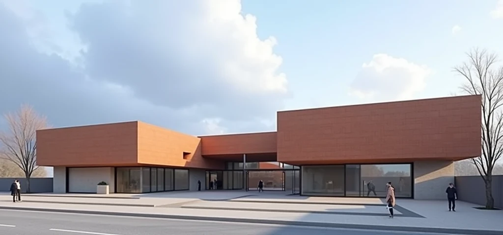 Futuristic design of museum, brick color, in a small town, cloudy weather, super realistic photo, high resolution