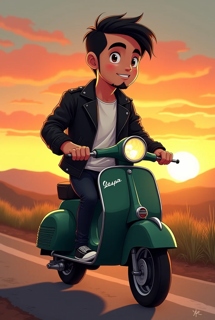 I want a picture of a cartoon-type boy on a classic dark green matte Vespa motorbike, the boy has a short black beard , thin eyebrows, black eyes, short black hair, square face, the photo in a background landscape with a sunset, Biker photo type the guy with a leather jacket and a white t-shirt inside, The black leather jacket half open revealing the t-shirt, black jeans and vans style shoes , the thin boy. He has black rings on both ring fingers of his hands.. subtle smile, without showing teeth