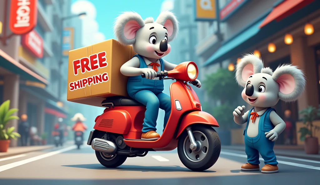 In the middle of the scene, place a delivery motorbike and write Free Shipping on top and next to it, make the koala mascot with the blue outfit leaning with its back in the right corner..