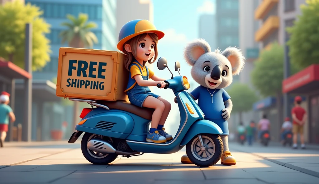 In the middle of the scene, place a delivery motorbike and write Free Shipping on top and next to it, make the koala mascot with the blue outfit leaning with its back in the right corner..