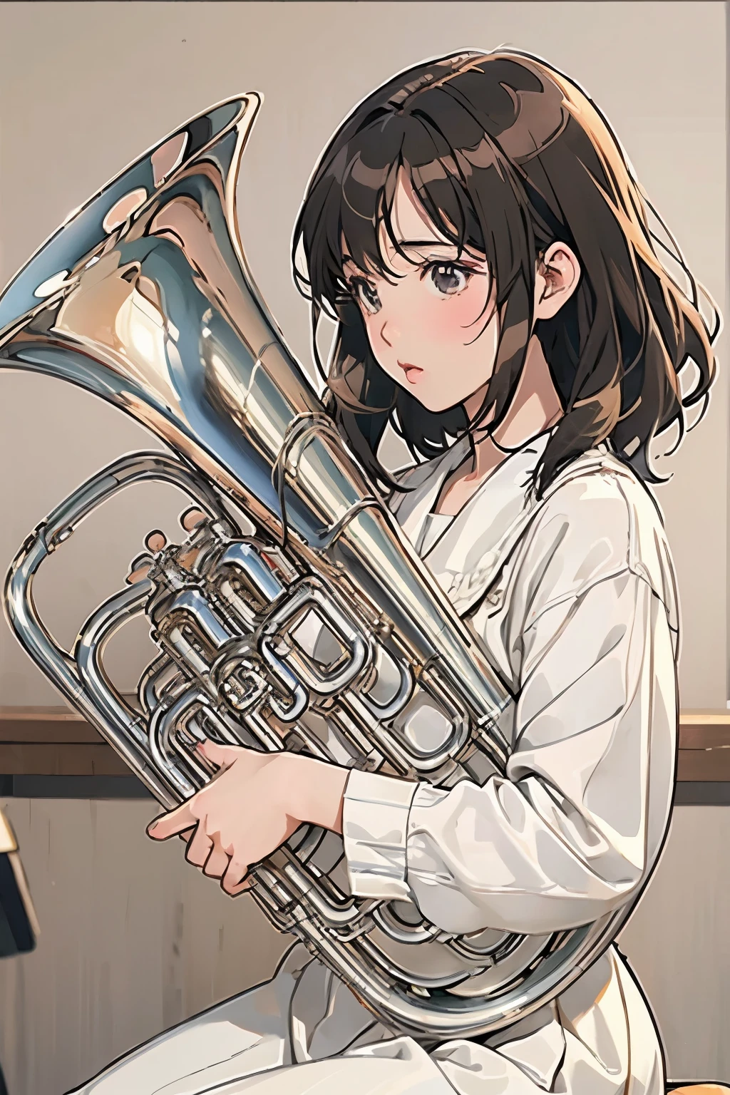 (masterpiece, Highest quality:1.2), (One Girl), play the euphonium, alone, (Draw the Euphonium Shape Accurately:1.4)、Sit down、(From the side)、In the uniform of Kitauji High School、(Blur the background)、Anime Art、4K、8k、wallpaper、