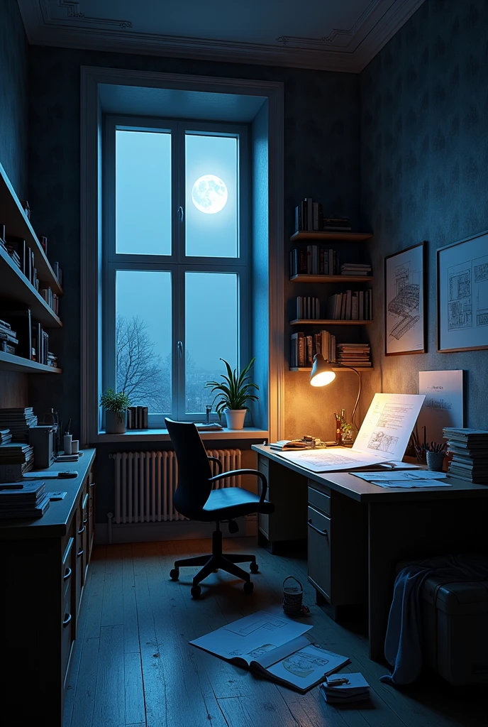 room of a busy architect without the person at midnight wallpaper