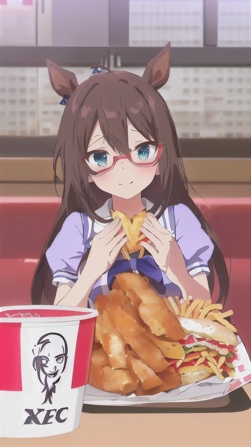 A cartoon character eating a chicken sandwich and fries at a fast food restaurant, Nagatoro, Anime Food, Anime Moe Art Style, with fries, honest, Ho****ve, Cute anime visuals, I also make fan art, honest shinka, 8k!!, serving fries, Half Yamada, shinkai honest, ❤🔥🍄🌪, Horse&#39;s ears, Blue eyes, 