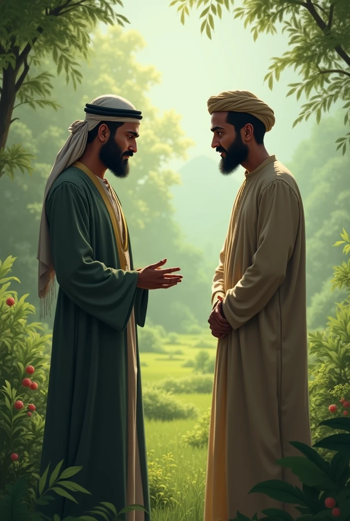 An image of the landowner apologizing to Ahmed, with a humble expression, symbolizing redemption and personal growth.