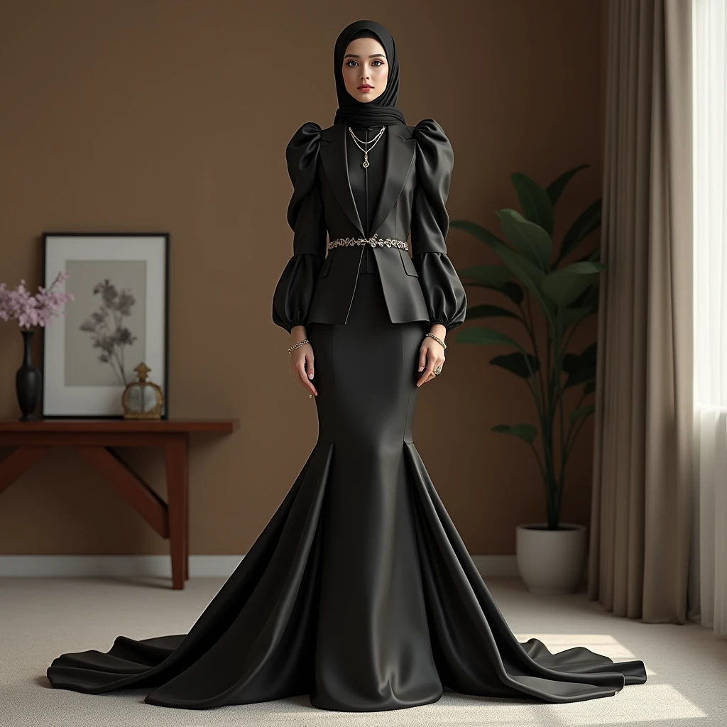 Hijabi women wear two-piece office dress set, satin mermaid trumpet skirt with long train, wear peplum blazer with puff sleeves, satin office shirt, skirt have a very long train about 7 meter long, model height is 165 cm, wear jewellery, sexy pose in office room