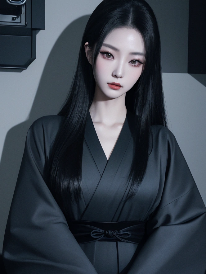 dark techno, cyberpunk,「Realistic image of a Asia Model She is elegant, pale, Perfect and long skin, Flowing black hair that blends with the surrounding shadows. Her kimono is exquisite and meticulous down to the last detail.., dark, Relaxing dark blue and black tones, Exquisitely decorated, Negative patterns that indicate a connection to the supernatural.