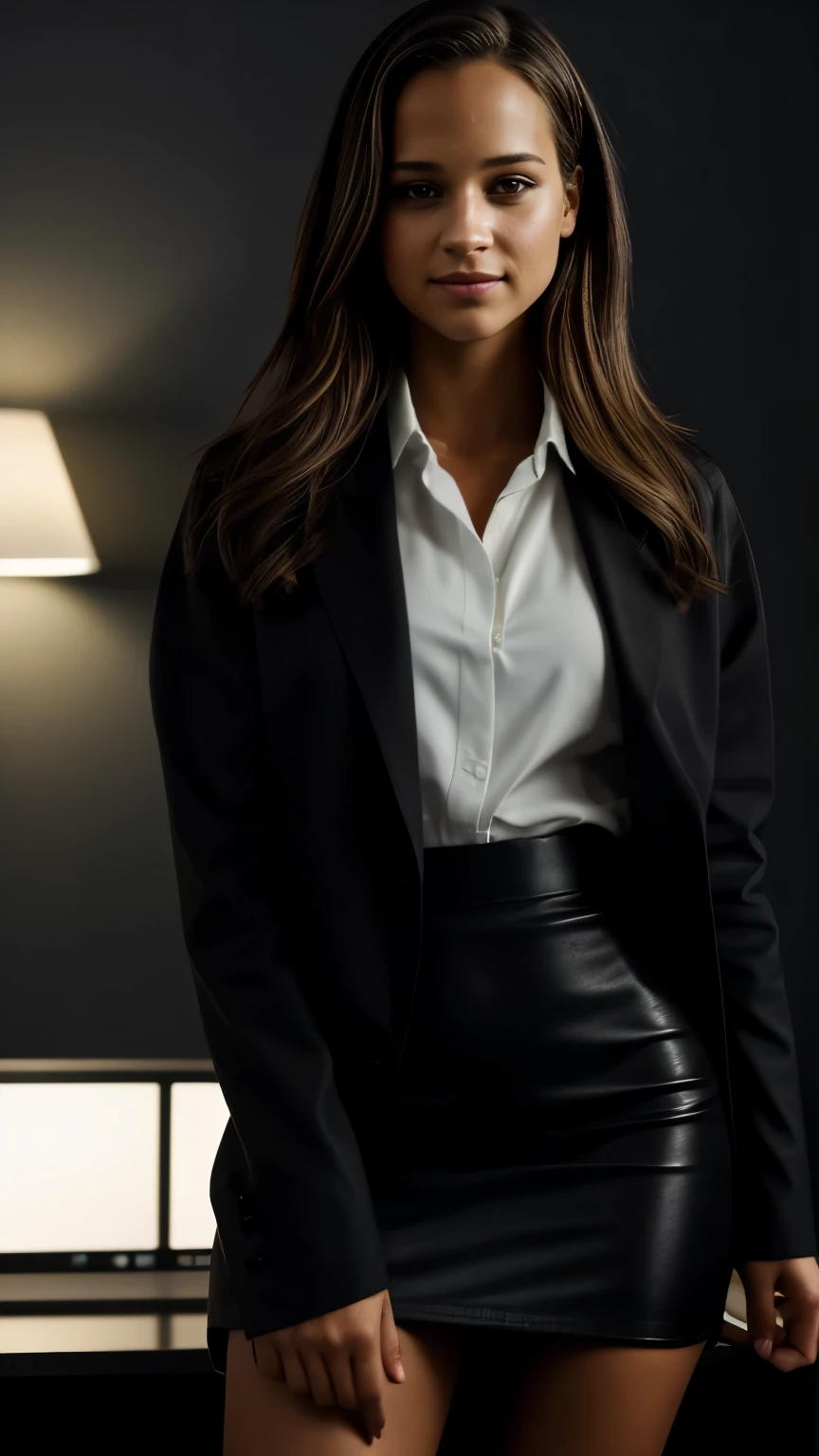 Foto hiperrealista en primer plano de Alicia Vikander, masterpiece, best quality, (photorealistic:1.4), full body, black jacket over white buttoned oversize shirt mini dress with long sleeves  black pencil skirt inside the office the office is in dark, shadows on the walls from the night lamp. darkness, cinematic light, beautiful woman, skinny, medium breasts, dark blond hair, detailed face, smile, facing the camera, photo taken from a distance, age of 20 years old, 