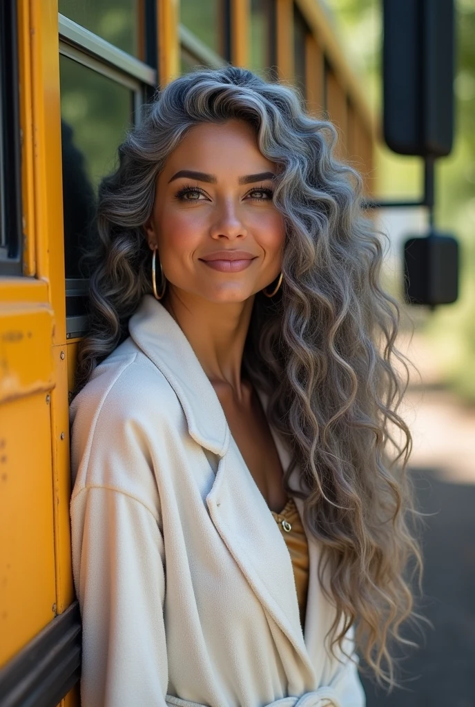 A beautiful youthful looking gray haired Hispanic version of Selena Gomez as a 50 years old woman with long curly completely gray hair wearing a bathrobe leaning on a school bus she is smiling for the camera
