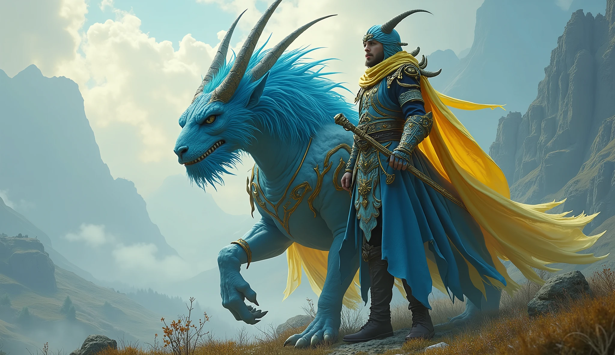 Ukraine as an european League of Legend voliminous warrior creature in light blue and bright yellow colors. Intricated clothing. Cinematic Fantasy sci-fi landscape background
