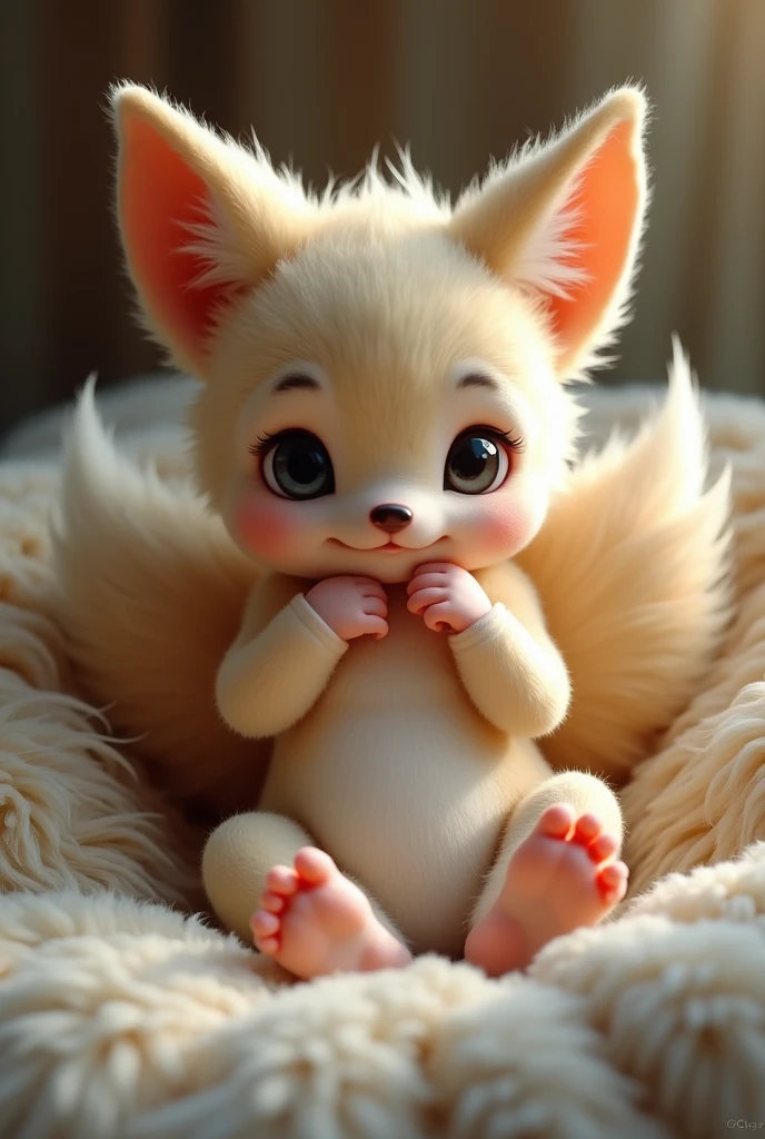 a baby with tails and ears in combination of fox and wolf