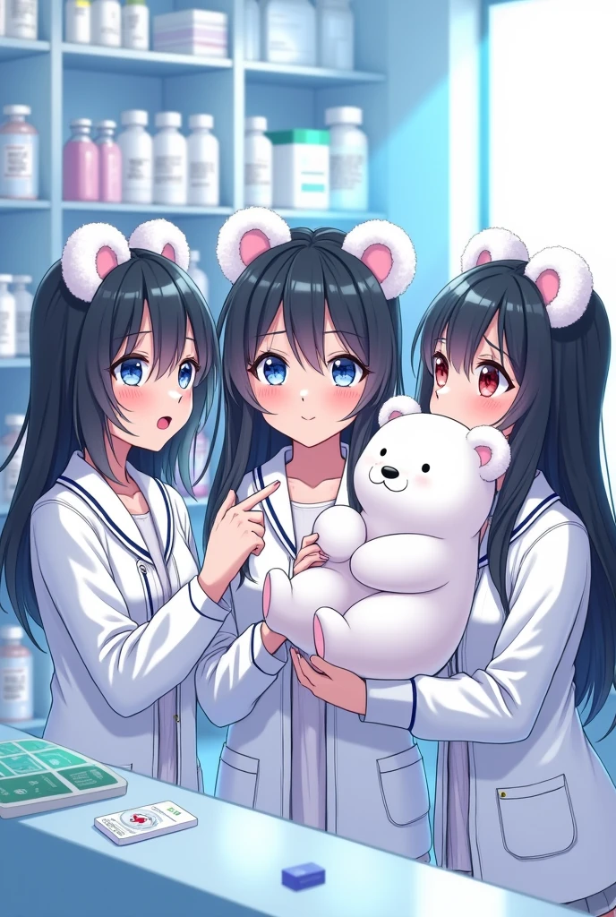 theme: 白衣を着たgirl3人組、white bear、Bear Ears、medicine、singer、blue eyes、Black Hair、medicine局、smile、Techno Pop Scene:
medicine局の明るい店内。clean white walls、medicineが並んだ棚、Glass counter。カウンターの前にteeth、白衣を着た3人のgirlが立っている。
girl:
* 左のgirl(name: Blue)teeth、medicine局の棚に寄りかかって、赤いハート型のmedicineの瓶を指差している。彼女の目teeth澄んだ青で、Black Hairを後ろで束ねている。口元にteethいたずらっぽい笑みが浮かんでいる。
* 真ん中のgirl(name: Yukari)teeth、Singing with a microphone。彼女の目teethキラキラと輝いていて、Black Hairteethウェーブがかかっている。明るいsmileで、楽しそうに歌っているMr.子だ。
* 右のgirl(name: Haruka)teeth、白いwhite bearのぬいぐるみを抱えている。彼女の目teeth青い宝石のように輝いていて、Black Hairteeth三つ編みになっている。口元にteeth、優しいsmileが浮かんでいる。
white bear:
白いwhite bearのぬいぐるみteeth、Harukaの腕の中で気持ちよさそうに目を閉じて眠っている。
Bear Ears:
3人のteeth、それぞれ白いふわふわのBear Earsをつけている。
medicine:
medicine局の棚にteeth、Mr.々な種類のmedicineが並