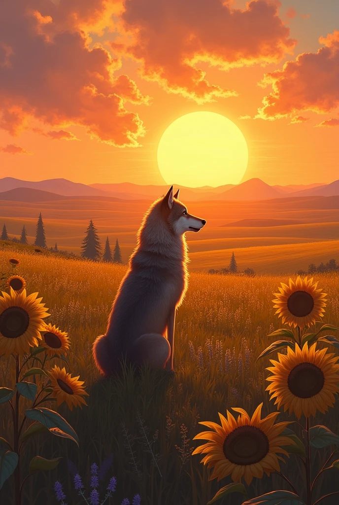 quality、Landscape painting、Plains、sunset、orange、Recall、Wolf、Sunflowers all around