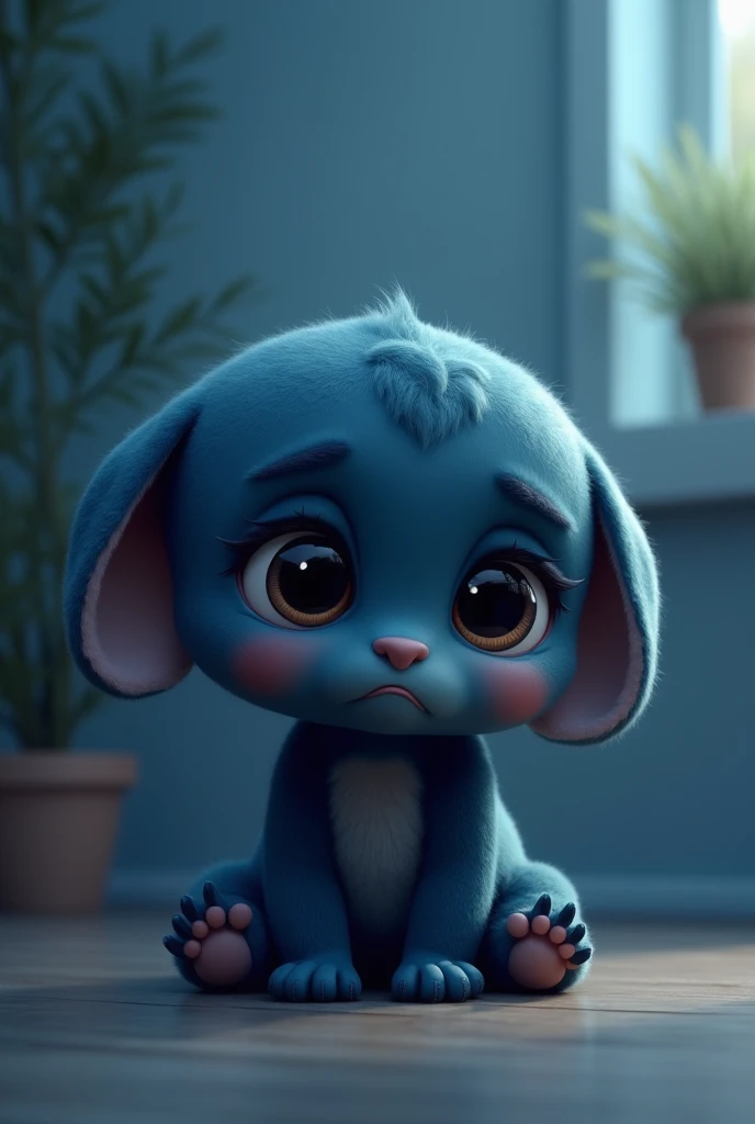 Create a cute and cuddly animated character that represents the emotion sadness, whose characteristic color is dark blue