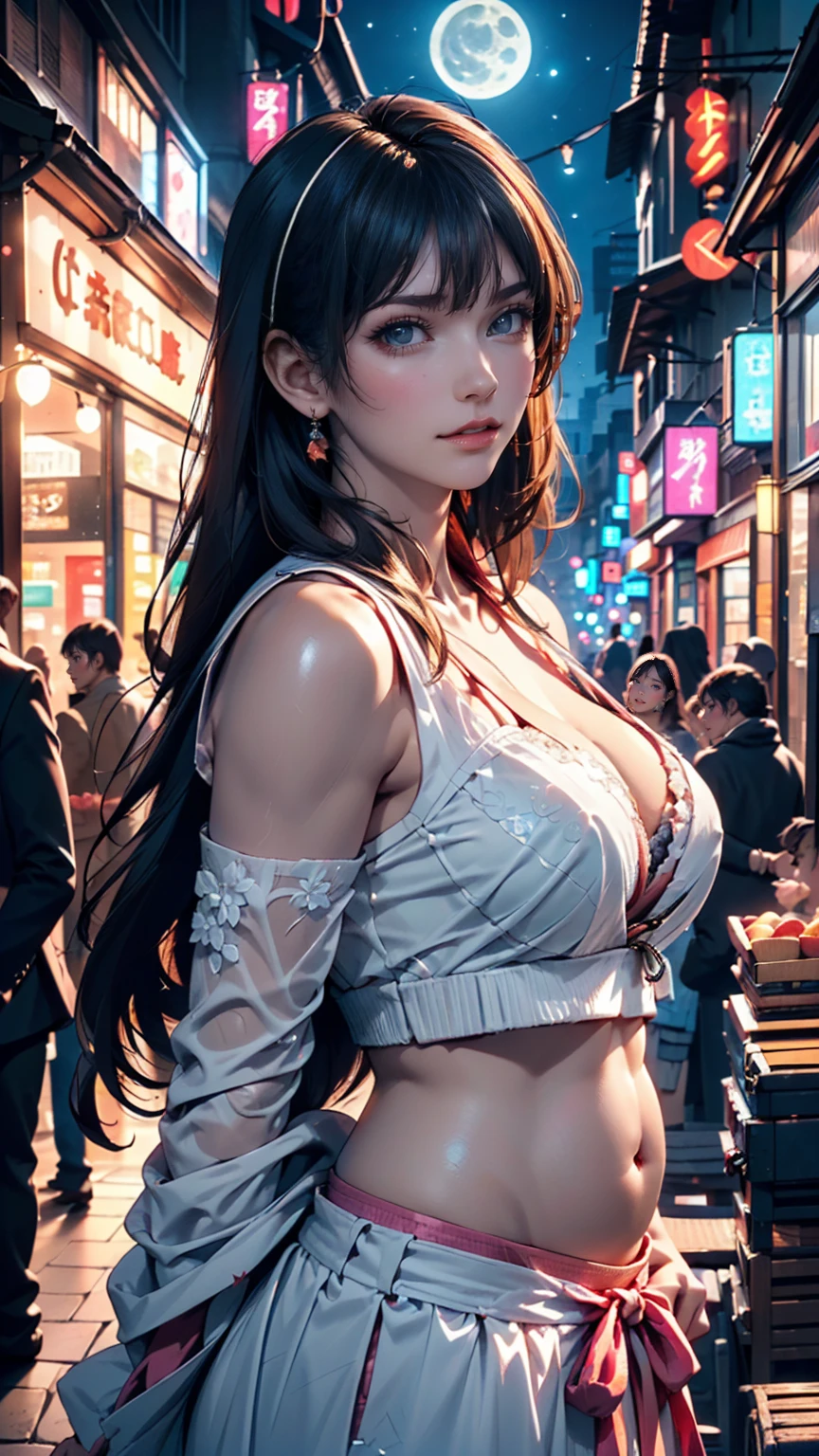 (Backlight,belly button:1.1,Black Hair),Beautiful woman in uniform in the bustling city of Gintama, Surrounded by sellers, Beautiful portrait of a stunning goddess girl, Beautifully detailed face, Porcelain-like skin, Half Body Shot, Centered,((moonlight,night,Big neon,Strong neon lighting,Rim Light,Two-tone lighting))),