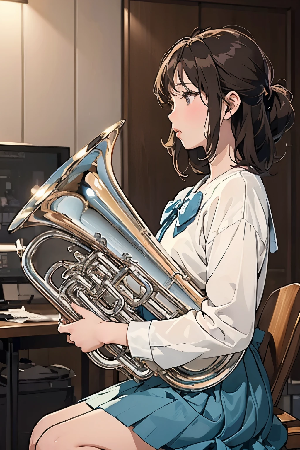 (masterpiece, Highest quality:1.2), (One Girl), play the euphonium, alone, (Draw the Euphonium Shape Accurately:1.4)、Sit down、(From the side)、In the uniform of Kitauji High School、(Blur the background)、Anime Art、4K、8k、wallpaper、