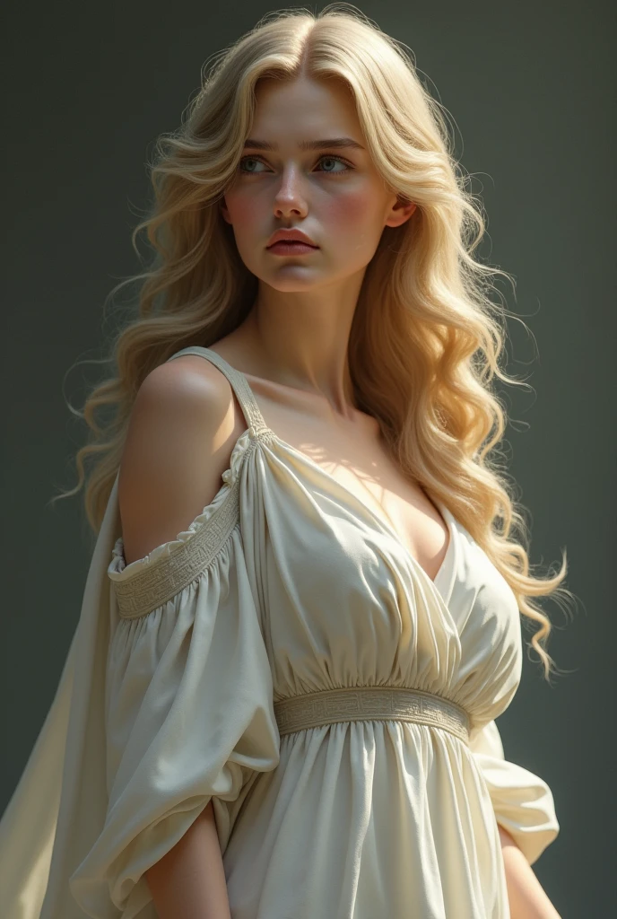 Aphrodite with a doubtful expression. She has a white dress and blonde hair. 