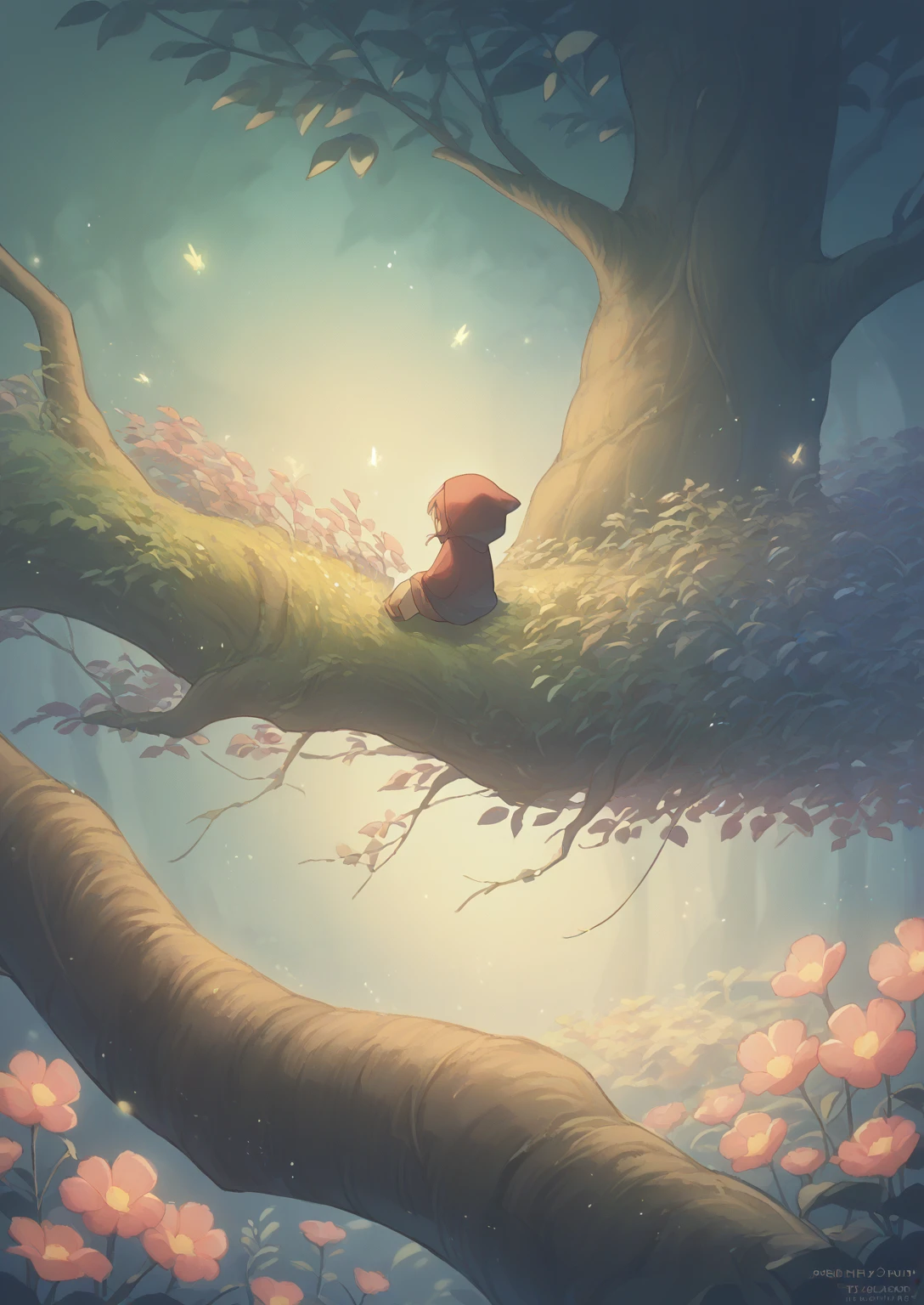 Back，绿色超长飘逸wind衣，hood，wilderness，Sit on a tree branch，forest，Colorful flowers，firefly，Blurred foreground，wind，Movie lighting，sunny，night