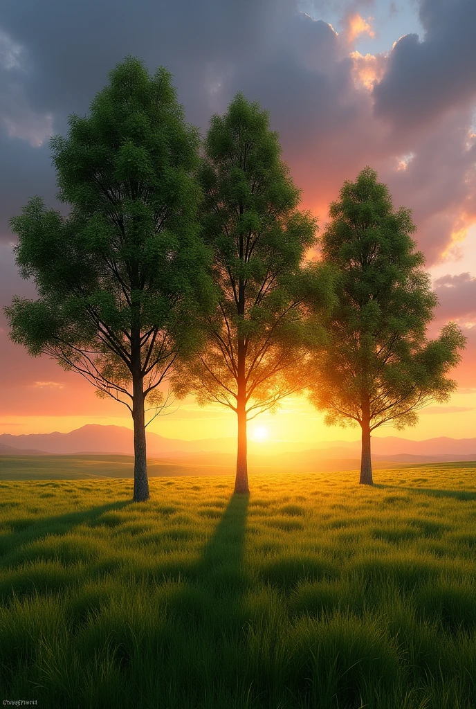 A beautiful pic in sunset,green fild, with 3 big trees. Pic for pc wallpaper