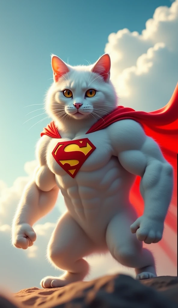 A burly white cat shaped like Superman