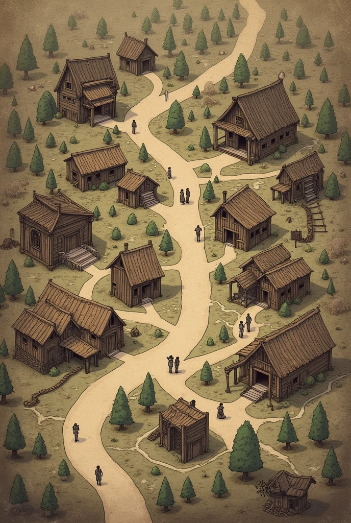 Prompt:
A detailed hand-drawn style map of the town of Craw Valley. The town should include the following key locations:
1. **Town Church**: Located in the center of the town, an old building under construction.
2. **Sinner Man's Mansion**: Positioned on top of a mountain, overlooking the town, large and imposing.
3. **Tavern**: Near the center, a place where townsfolk gather, owned by Maria's father.
4. **Farms**: Scattered around the outskirts of the town, representing the hard work of the inhabitants.
5. **Houses**: Humble and worn, spread throughout the town.
6. **Town Bank**: A small but important building near the center.
7. **Medical Office**: Centrally located, modest and essential for the town's health.
8. **Bars**: Several bars scattered around the town, places for socializing.
9. **Market**: In a central plaza, where vendors sell their goods.
10. **Sheriff's Office**: A small building near the center, symbolizing law and order.
11. **Dusty Streets**: Reflecting the desolation and abandonment of the town.
12. **River and Old Bridge**: Important for the story, located on the outskirts.
13. **Central Plaza**: A gathering place for the community, where activities take place.
The overall atmosphere should be somber and tense, with buildings showing signs of age and poverty. The town should feel large and sprawling, with a sense of struggle and resilience among its inhabitants.