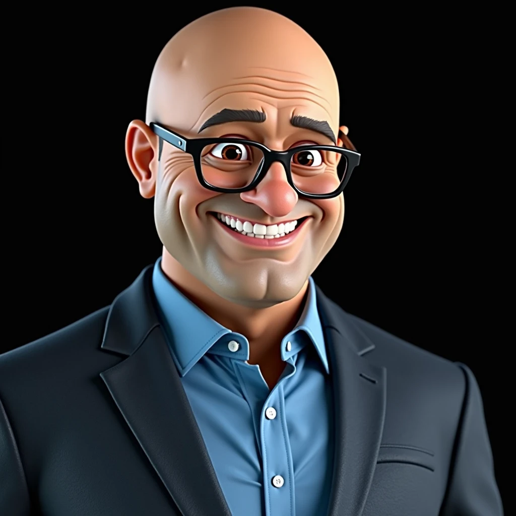 Cartoon character of a man in black glasses and blue shirt, animation character, stylized character, animation style rendering, 3d stylized, Arnold Maya rendering, Stylized 3D rendering, toon render screenshot, 3d character, 3d character, Stylized 3D rendering, 3D character rendering, cartoon character, Personagem de close up, character posing, (Pixar-style) (master part:1.2) (bokeh) (best qualityer) (skin detailed) (detailed texture) (8k) (Argilla) (cinematic lighting) (sharp focus) bald man in glasses full length white background