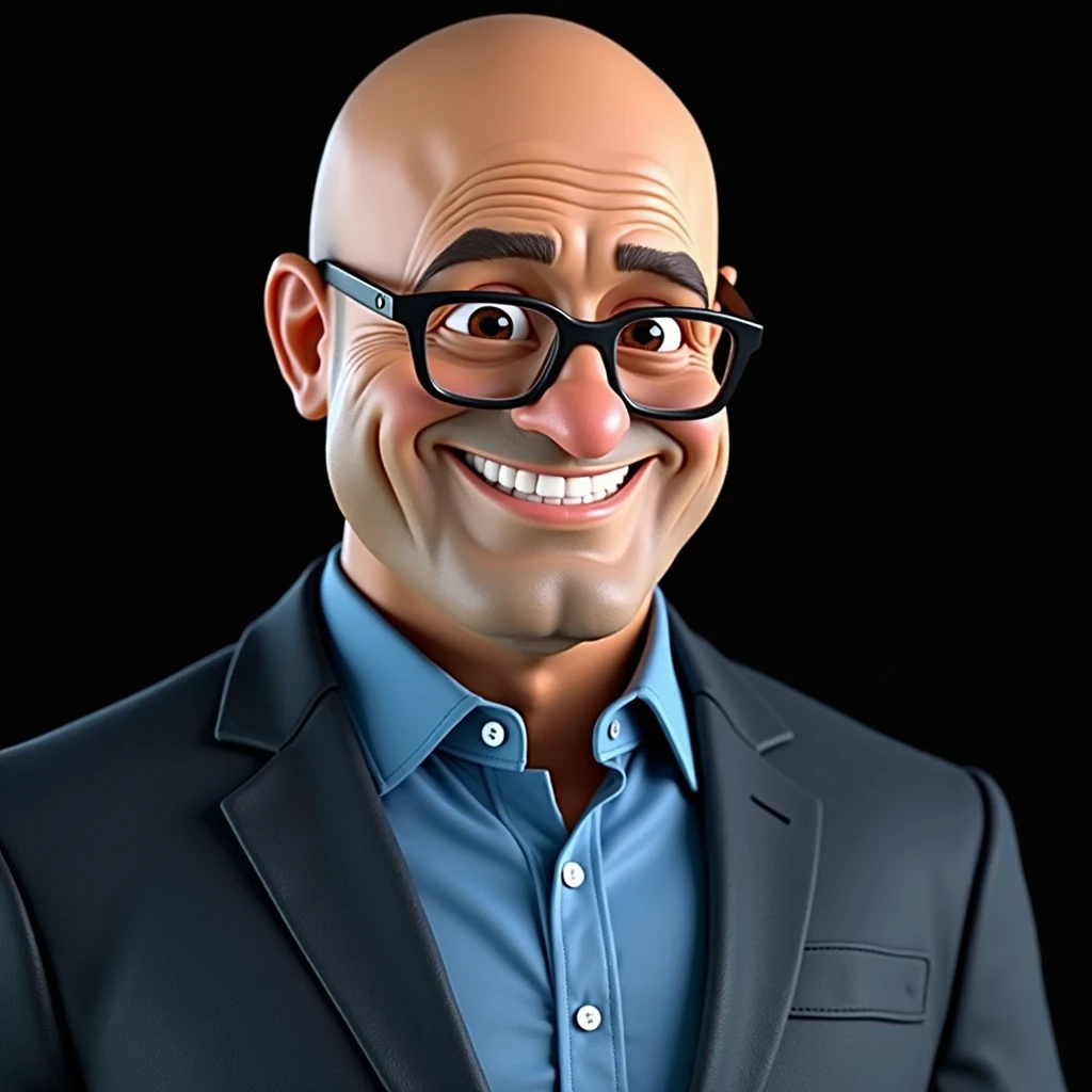 Cartoon character of a man in black glasses and blue shirt, animation character, stylized character, animation style rendering, 3d stylized, Arnold Maya rendering, Stylized 3D rendering, toon render screenshot, 3d character, 3d character, Stylized 3D rendering, 3D character rendering, cartoon character, Personagem de close up, character posing,  (Pixar-style) (master part:1.2) (bokeh) (best qualityer) (skin detailed) (detailed texture) (8k) (Argilla) (cinematic lighting) (sharp focus) bald man in glasses full length white background