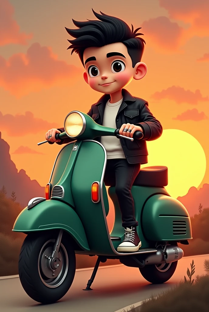 I want a picture of a cartoon-type boy on a classic dark green matte Vespa motorbike, the boy has a black beard , thin eyebrows, black eyes, short black hair, square face, the photo in a background landscape with a sunset, Biker photo type the guy with a leather jacket and a white t-shirt inside, The black leather jacket half open revealing the t-shirt, black jeans and vans style shoes , the thin boy. He has black rings on both ring fingers of his hands.. subtle smile, without showing teeth