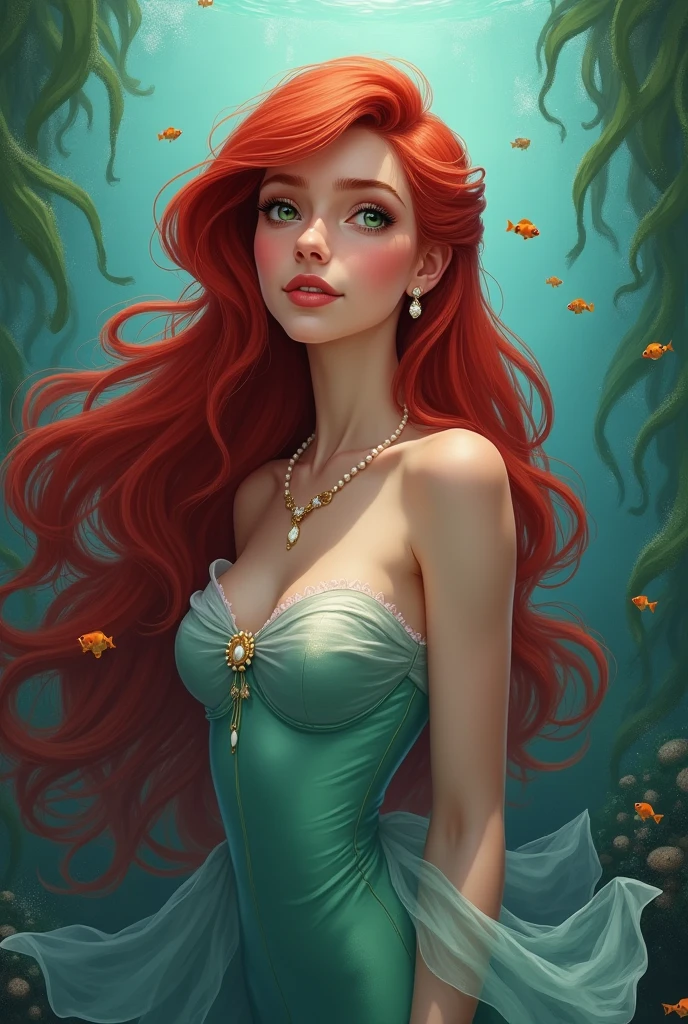 Beautiful Mermaid With Long Curly Red Hair, blue eyes, Shell Shaped Earrings, With A Green Stone Necklace, With a Green and Pink Syrup, Centered on a Rock of a Beautiful Realistic Island