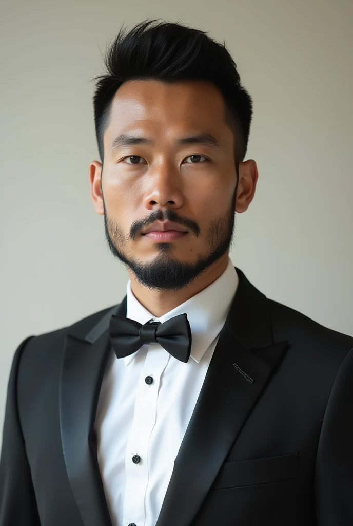 Generate selfie image of Thai Chinese wedding white and black suit of bearded man small serious guy,