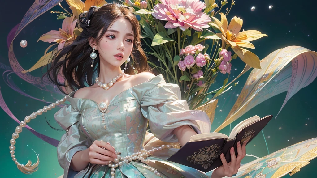 32K, 最高quality, 最高masterpiece, (ultra-Detailed Background, Detailed Background), High resolution, Super detailed, Very detailedな, 1 personの, (bouquet:1.3), (Tangled:1.2), (Geometric:1.2),(colorful),(masterpiece, quality, best quality, Official Art, Beautiful and beautiful:1.2), (1 person:1.3), Very detailed,(colorful:1.1)(Flowers:1.3),Most detailed,(Tangled:1.2), whole body, (Abstract background:1.3), (Skin glows), (Many colors:1.4), ,(Earrings Pearl:1.5), Light green background, It's imaginative., Brunette Hair, Updo, Holding a book, Holding a pen, Satin shirt