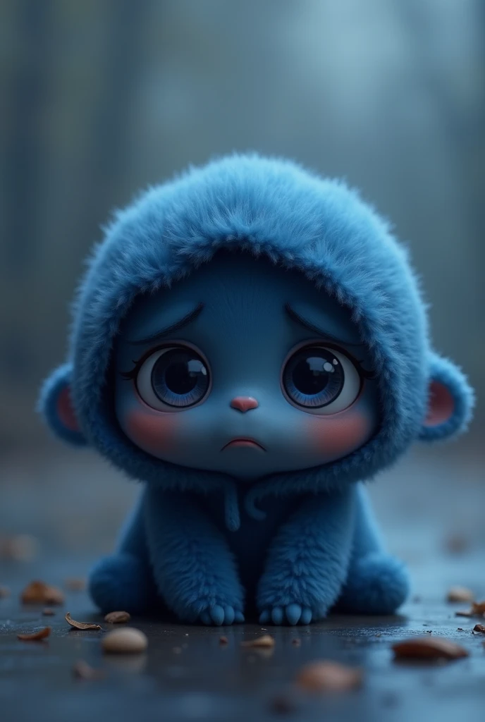 Create a cute and cuddly animated character that represents the emotion sadness, whose characteristic color is dark blue