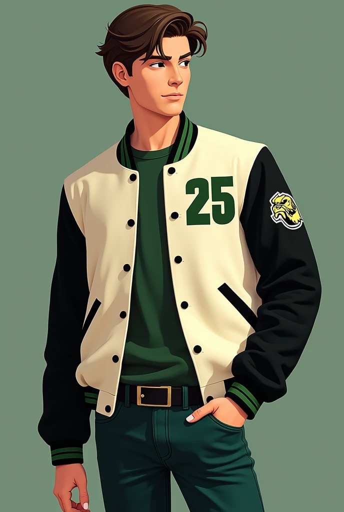 varsity jacket, very small touches of green for a school with the number 25 on the left arm and a small panther somewhere on the sleeve, that the sleeves are BLACK and the torso in cream color