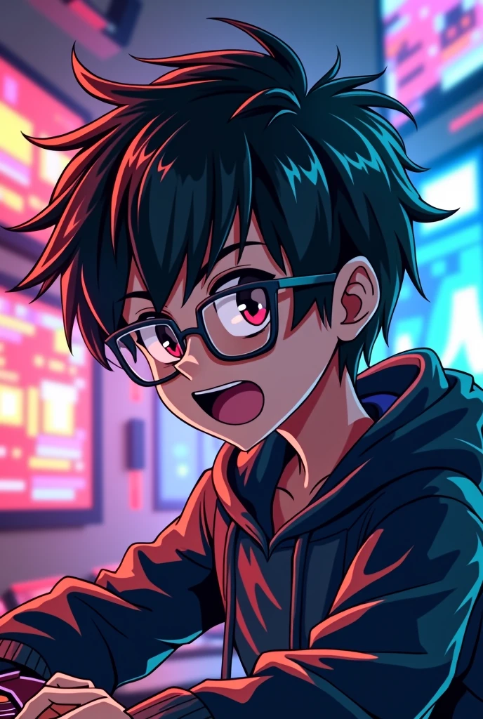 Create a mascot logo where the mascot is a black-haired gamer boy , with glasses and a body similar to that of Inoske , to show your body , straight hair