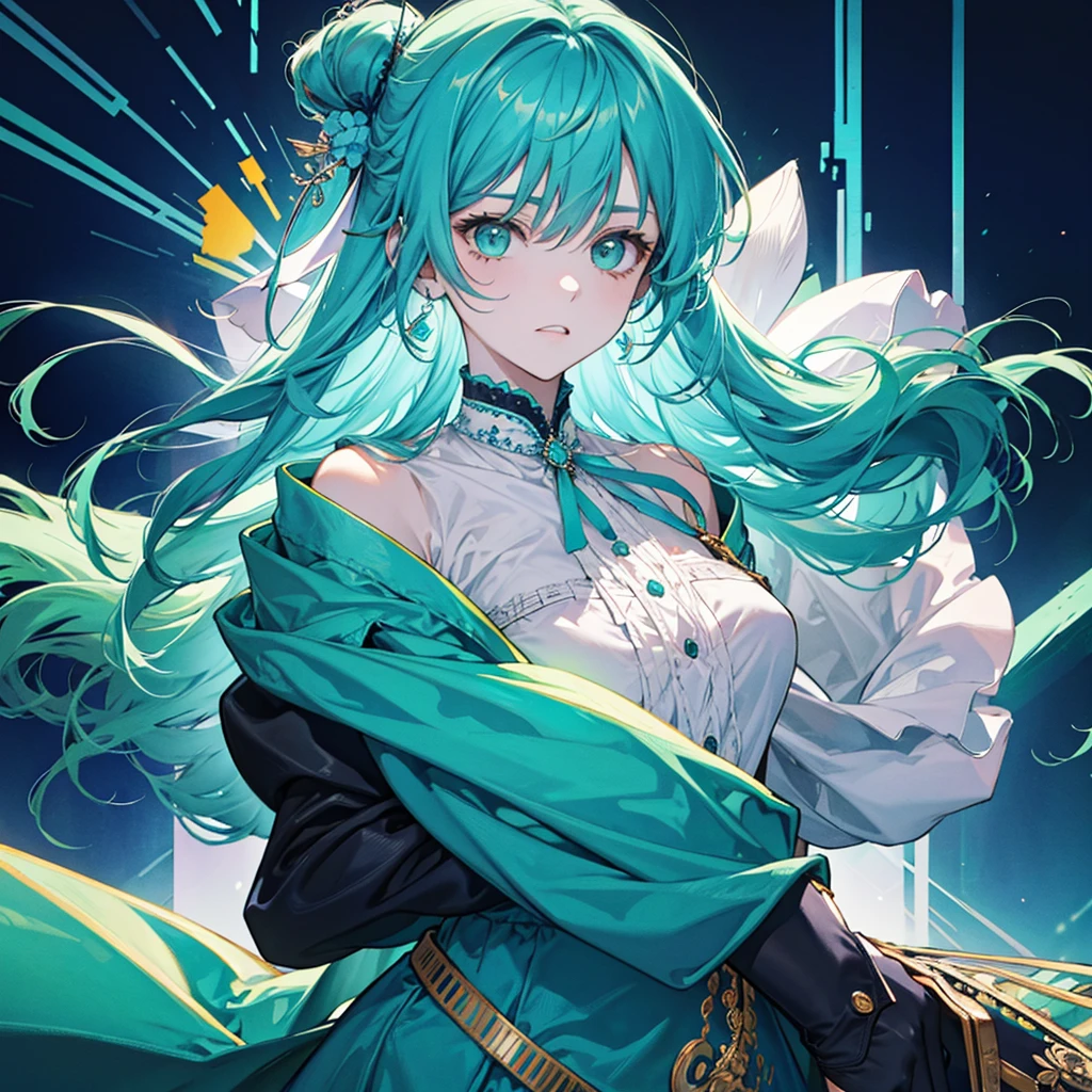 Turquoise style, I&#39;m looking at you, good eyes, messy hair, broken hair, by the wide, chivalry, Very nice cyberpunk digital artwork., male focus, elegant, Heroic and shameless, handsome man, She wears a blue and white kimono., long sword on his shoulder, chivalrous style, High quality detailed rendering, The blurred background and soft light stand out, Shot on the middle side, Medium side view, Printed decorations and accessories., Broken flowers and flying flowers., A dense fog surrounds, Extremely exquisite changes of light and shadow.. Anime style 4k wallpaper.