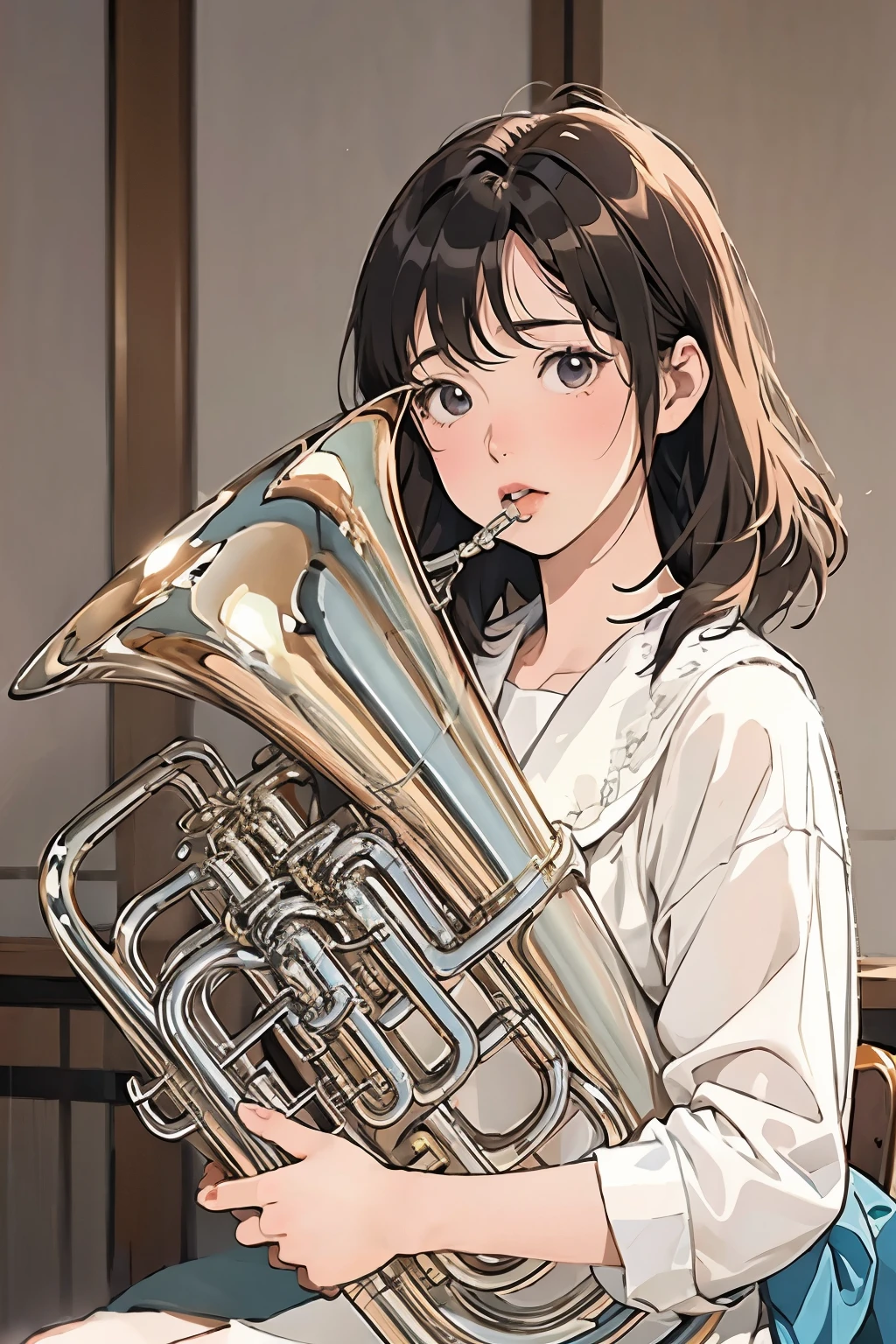 (masterpiece, Highest quality:1.2), (One Girl), play the euphonium, alone, (Draw the Euphonium Shape Accurately:1.4)、Sit down、(From before)、In the uniform of Kitauji High School、(Blur the background)、Anime Art、4K、8k、wallpaper、