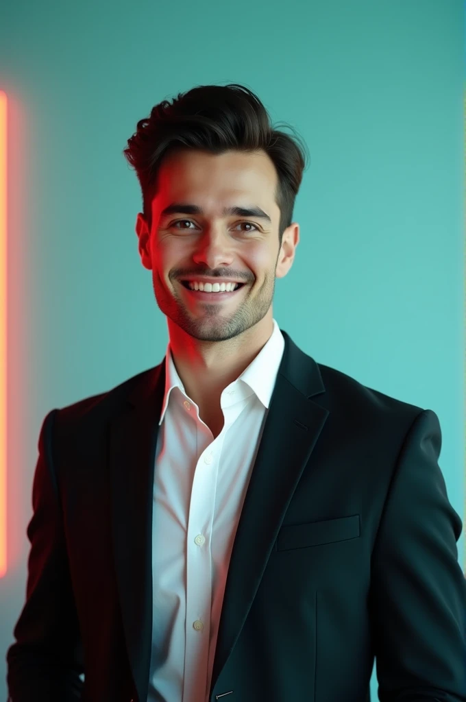 A young man with dark hair and a confident smile.He is dressed in a black blazer over a white shirt.The man is positiond against aqua colour backdrop with a subtle red lighting on the left side.and he posing for Facebook profile