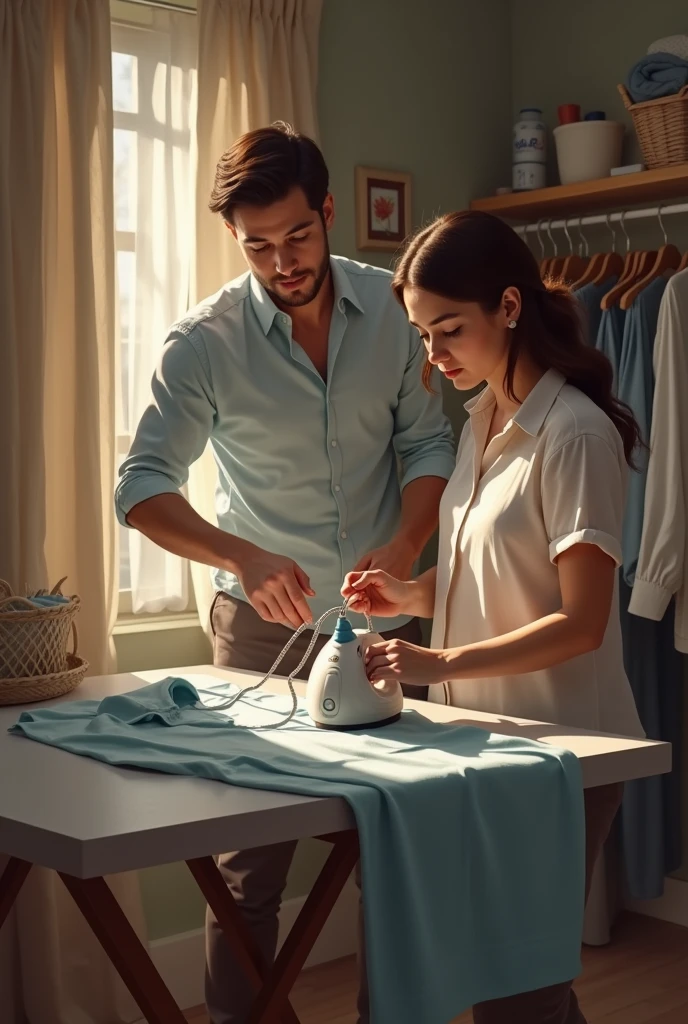 husband iron cloths at houshold with wife