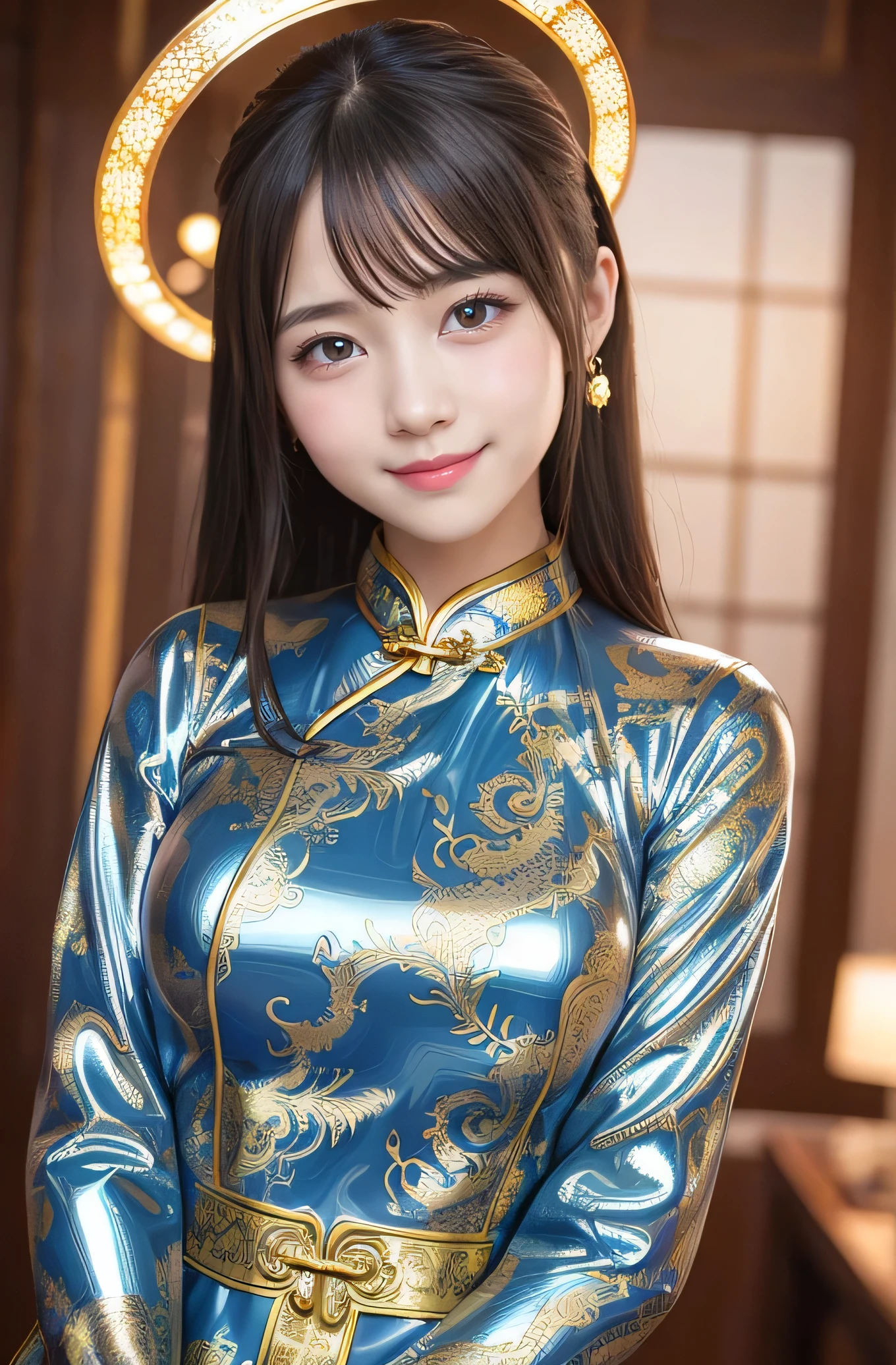 very cute girl, super cute face,clear attractive eyes, detailed Beautiful eyes,smiling, realistic photograph, Super shiny metallic gorgeous vivid colored latex long sleeves cheongsam, dragon pattern design cheongsam,
Costume lighting