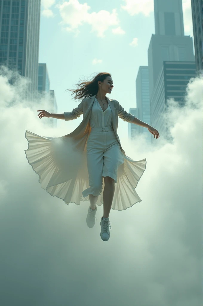 Urban woman dancing among clouds