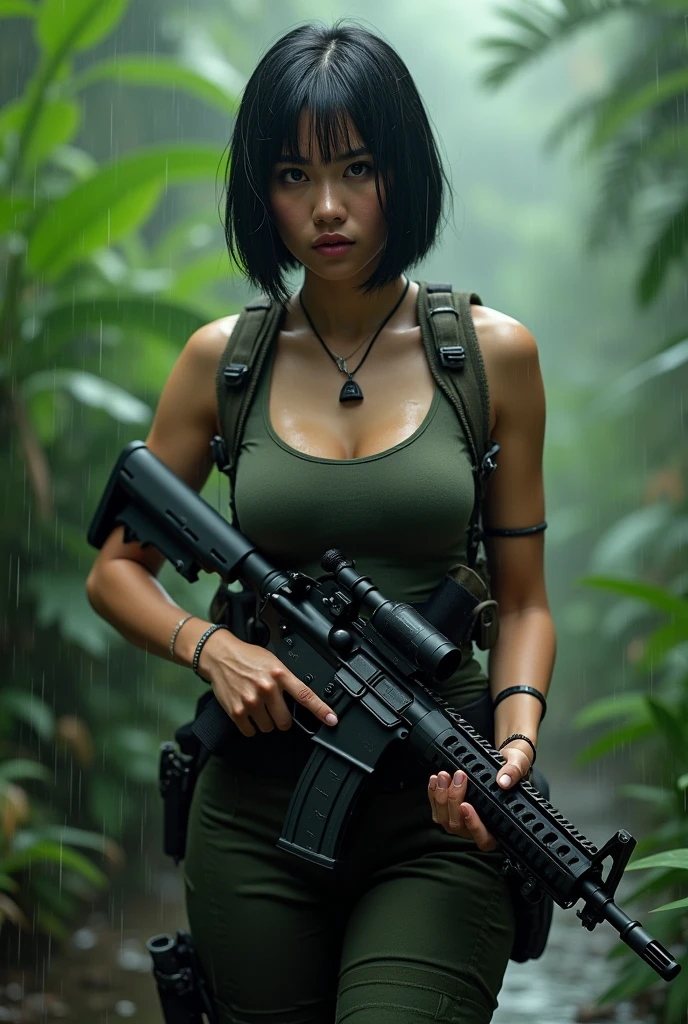 beautiful indonesian women, huge beasted, droopies breasts, wet bobcut hairstyle, wear wet tanktop, wear tactical camouflage pant, tactical boots, holding a m16 gun, serious face expression, walking in the jungle under the rain, realistic photography, natural light,