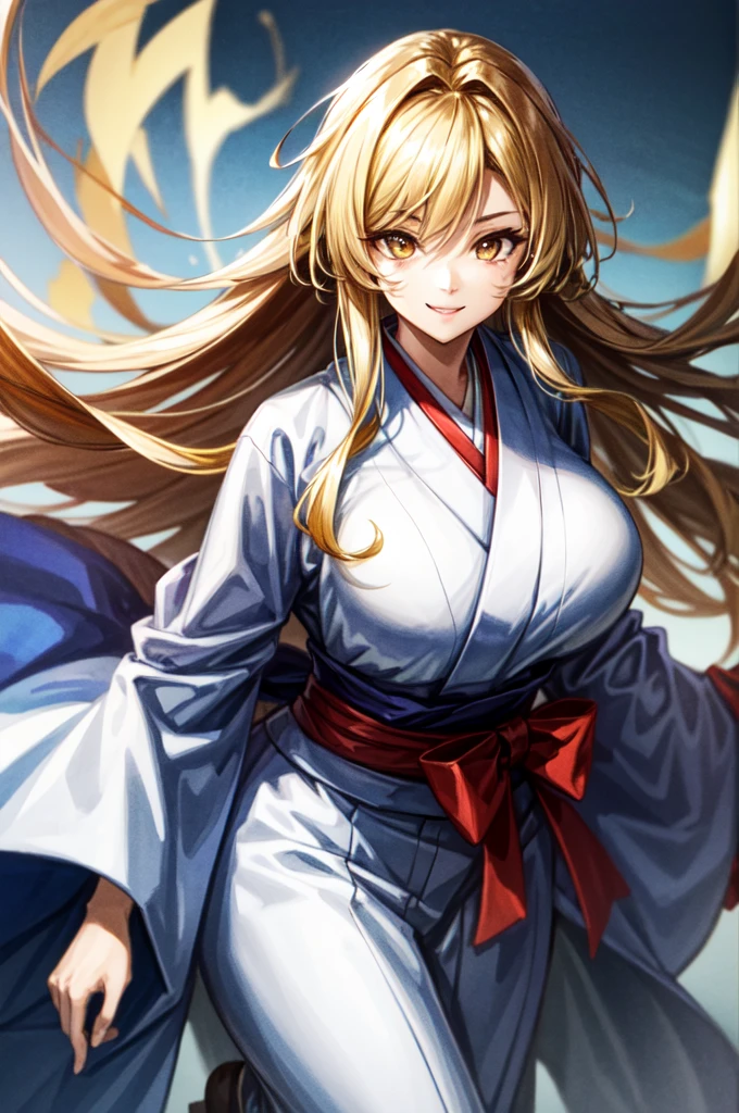 One woman, wearing white kimono, Long Hair, Blonde hair, Golden Eyes, snake pupils, Light makeup, Provocative smile, Big Breasts, holding sharp sword, full body, big hair, hair over eye, anime, cinematic lighting, cowboy shot, UHD, retina, masterpiece, accurate, anatomically correct, textured skin, super detail, high details, high quality, award winning, best quality, highres, 8k