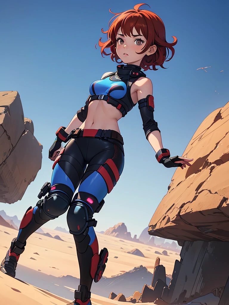 (masterpiece), (best quality), ((one girl)),alone, red hair,((brown eyes)),short curly hair, anime style, freckles, (small breast) (petite figure), blue and black cyberpunk outfit, leggings, knee pads, battle outfit, legs((desert background)) 